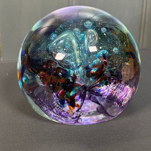 Signed Robert Held Art Glass Paperweight Vintage Studio Glass Orb Purple & Teal - Picture 8 of 12